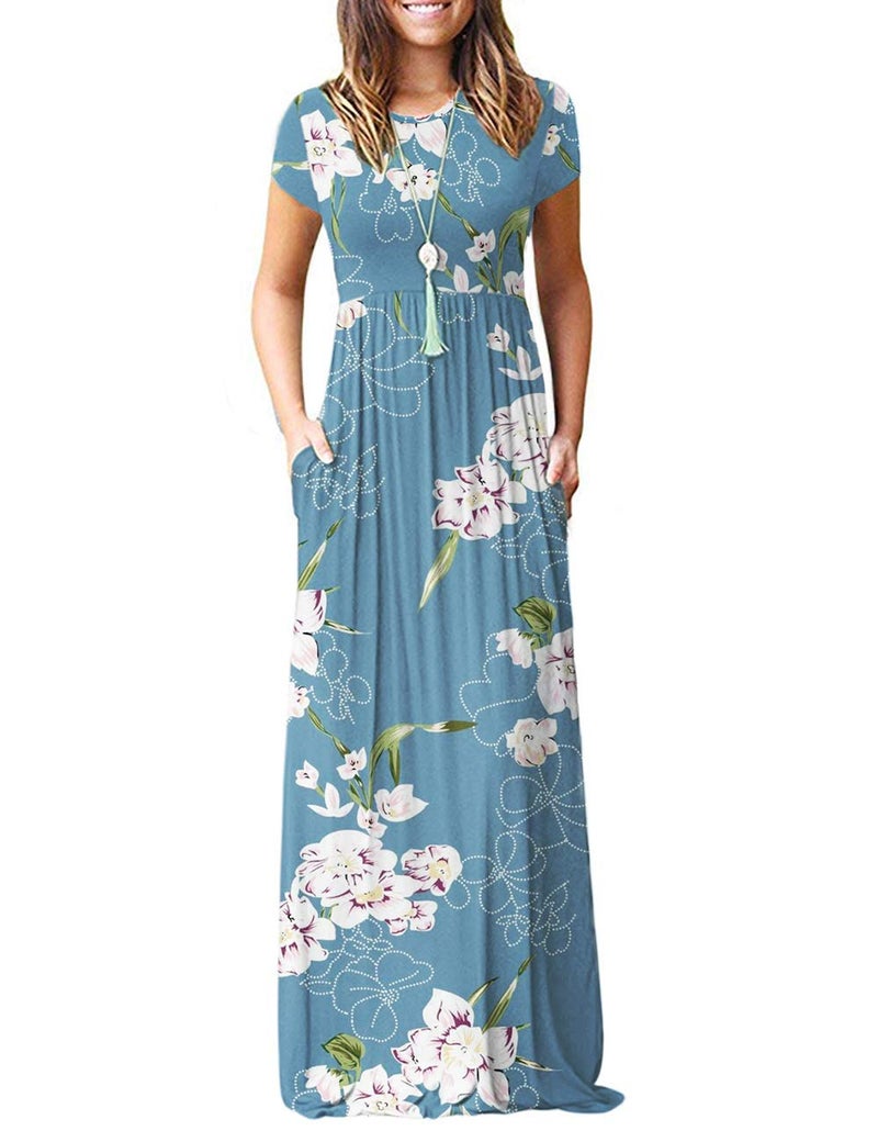 AUSELILY Women's Short Sleeve Loose Plain Casual Long Maxi Dresses for Women 2026 Floral Light Blue 2XL - Image 1